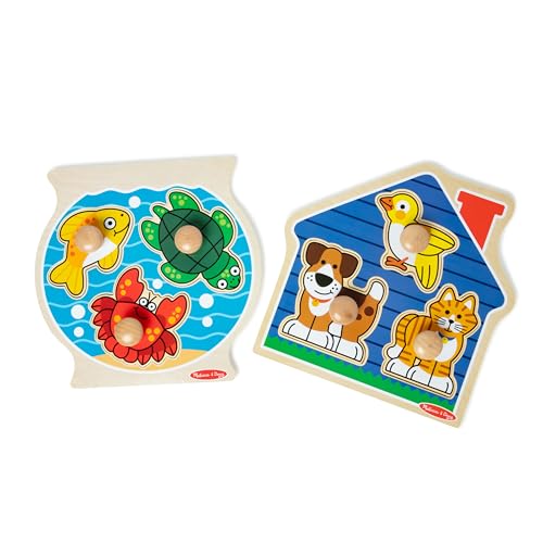 Melissa & Doug Wooden Jumbo Peg Puzzle 2-Pack – Fish Bowl, House Pets, 3-Piece for Toddlers Boys and Girls, Ages 1+ Years