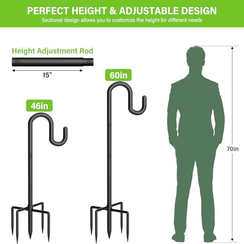 Shepherds Hook for Bird Feeder, 60" Heavy Duty Double Bird Feeder Pole with 5-Prong Base, Thickened Metal Shepherd Hook for Outdoor Hanging Plant Baskets, Hummingbird Feeder, Black, 2 Pack - size: 60 Inch, style: 2 Pack