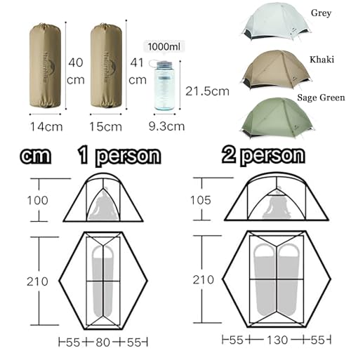 Naturehike Mongar 2 Person UL Camping Tent | PU2000mm+ Waterproof 1-2 Person Backpacking Tent, Ventilation System, Multi-Mode Double-Layer Freestanding for Hiking Travel - color: Khaki, size: 1 person