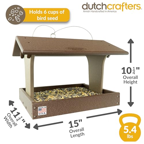 DutchCrafters Plastic Poly Covered Roof Hanging Fly Through Bird Feeder Open Side Platform Seed Tray for Outside Outdoor Garden - Amish American Made in USA (Tudor Brown & Weatherwood) - color: Tudor Brown & Weatherwood