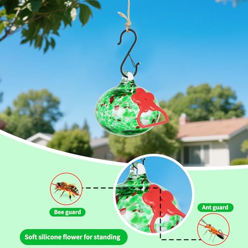 Pozfun Set of 3 Hummingbird Feeders for Outdoors Hanging,Hand-Blown Glass Hummingbird Feeder with Silicone Feeding Perch,Never Leak,Gardening Gifts for Woman Man(Green) - color: Green