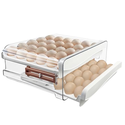 60 Egg Drawer Organizer for Refrigerator,2 Layers Transparent Egg Holder Tray for Fridge Stackable Eggs Storage Tray with Timescale