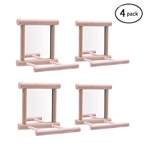 HANZE Bird Mirror With Swing, Hummingbird Perches for Parrots Stand, Wooden Toy for Macaws, Lovebird, Cockatoo, Parakeet, Conure, Finch, Cockatiels - 4 Pack - color: 4 Pack