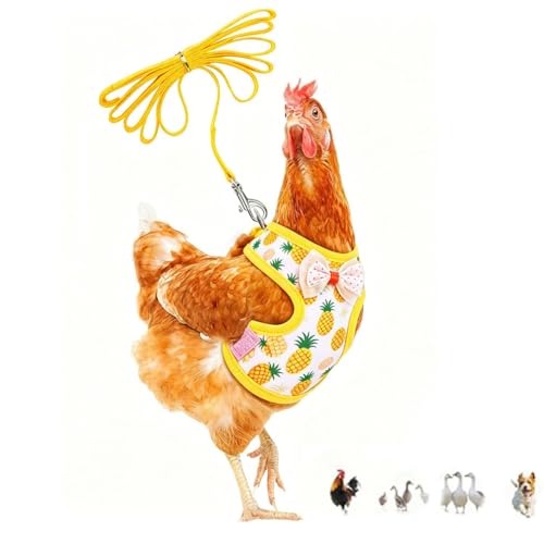 Chicken Harness and Leash Set Adjustable Mesh Breathable Pets Leashs Duck Training Harness for Goose Hen Rooster Parrots Dog Kitten,Yellow Pineapple S - color: Yellow, size: S (Chest 9.8-11.8)