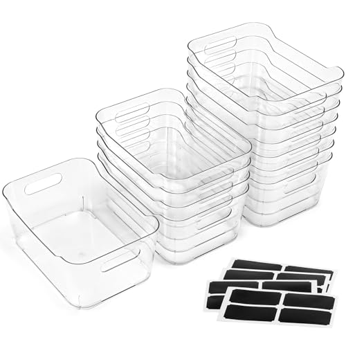 12 PACK Clear Plastic Storage Bins, Kitchen Cabinet Pantry Organizer Bins | Crystal-clear, Thicker, BPA Free, 12 Stickers - Multi-Use Containers for Home, Office, Shelf, Cupboard, Fridge Organization - size: Medium