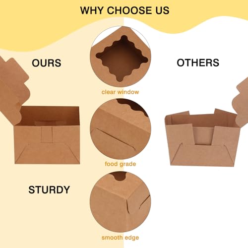 Moretoes 50pcs Small Cookie Boxes with Window, 4x4x2.5In Brown Bakery Boxes | Kraft Treat Boxes, Fit Small Cookies and Pastries, Suitable for Party Favors and Gifts - color: Brown