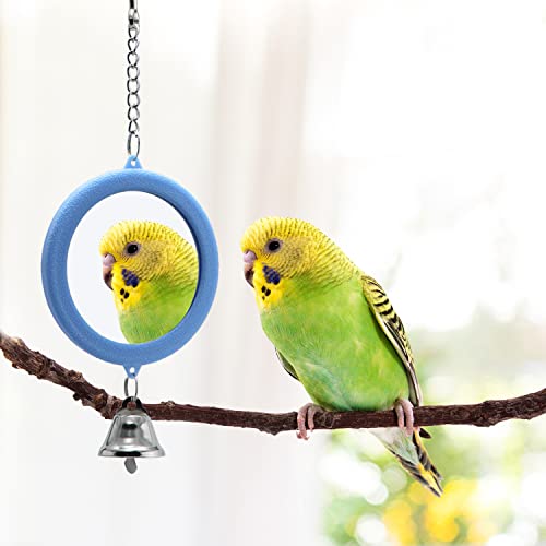 2PCS Bird Mirror with Bell Parrot Hanging Interactive Playing Toy for Cockatiel Parakeets Canaries Budgie Cage Accessories (Blue) - color: Blue