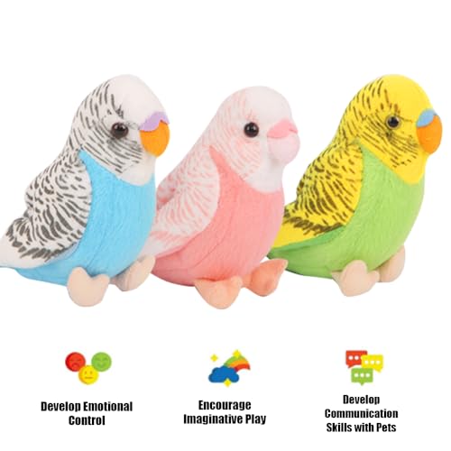 3 Pcs Budgerigar Plush Toy, 5.5 inches, Parakeet Plush Toy, Budgie Soft Toy, Bird Stuffed Animal for Kids, Blue and Green and Pink - color: Blue and Pink and Green