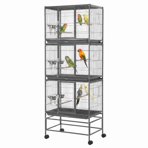 TrailBlaze Heavy Duty Carbon Steel Bird Cage - 74 Inch Stackable Aviary with 3 Dividable Compartments, Removable Trays, Spacious Flight Enclosure for Parakeets, Cockatiels, Conures, Finches - Silver - color: Black