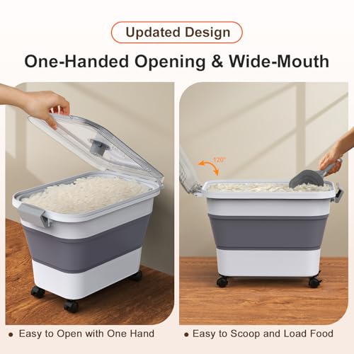 Rice Storage Container, Collapsible Airtight Food Storage Containers 20-30lbs with Clear Lid and Wheels, Rice Dispenser with Scoop for Flour Cereal Pasta Grain, Cat Pet Bird Dog Food Storage Container - size: 10-30 Lbs