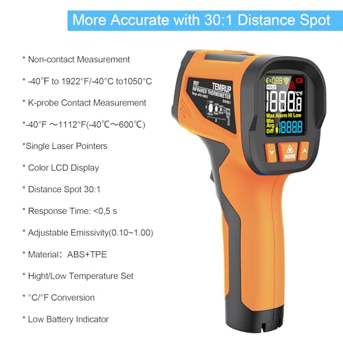 -40℉ to 1922℉ TEMIRUP Infrared Thermometer Temperature Gun with Thermocouple Probe, 30:1 Pyrometer High Temp Thermometer for Cooking Oven, Engine, Kiln, Forging, Industrial, Adjustable Emissivity - color: Orange, size: IR07 -40℉ to 1922℉(-40℃-1050℃）