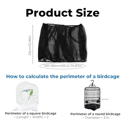 2 Pcs Bird Cage Seed Catcher, Adjustable Bird Cage Net Cover, Reusable Soft Nylon Cover for Parrot Enclosures (Black) - color: Black