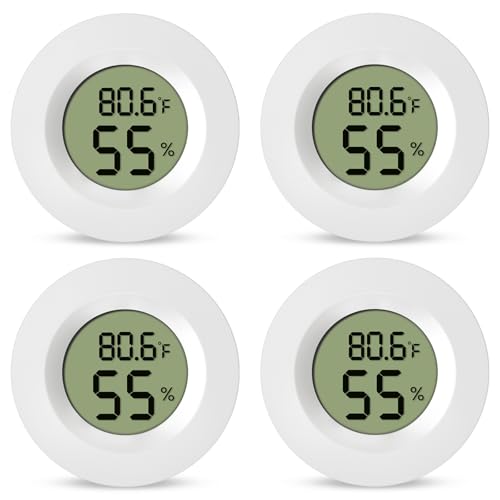 4-Pack Mini Hygrometer Thermometer Digital Humidity Meter Indoor/Outdoor Humidity Monitor with Temperature Sensor for Reptile Terrariums, Jars - Fahrenheit/Celsius White