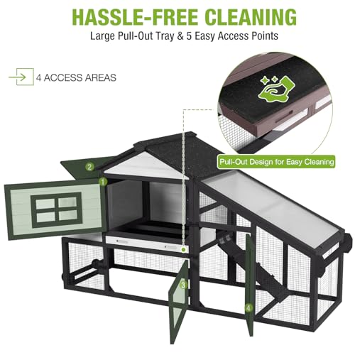 GUTINNEEN Chicken Coop with Wheels,Outdoor Hen House with Waterproof Asphalt Roof, Wooden Poultry Enclosure with Easy-Clean Slide-Out Tray,Poultry Cage with Nesting Boxes for Duck Rabbit Chicken-Black - size: 67.3"L x 26.0"W x 39.4"H