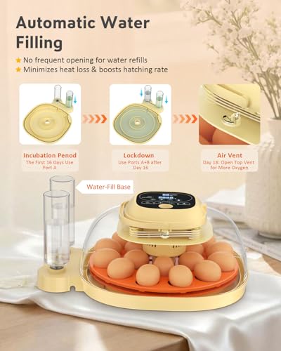 18 Egg Incubator for Hatching Eggs with Automatic Turning, Digital Temperature & Humidity Control, Built-in Egg Candler & Auto Water Refill, 360° Clear View for Chicken, Beige+Orange - color: Orange+Beige