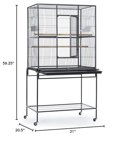 Prevue Pet Products Flight Cage with Stand - Large Metal Bird Cage with Removable Tray, Wood Perches, Double Feeders & Storage Shelf on Rolling Casters, Ideal for Small to Medium Birds - Black - color: Black