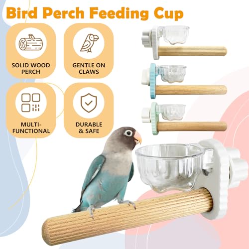 Kathson 3Pcs Bird Perch Feeding Cup Natural Wood Perches with Removable Bird Feeder for Cage Parrot Stand for Parakeets, Budgies, Cockatiels,Parrots, Birds Chewing Stick (White) - color: White