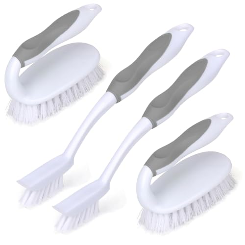 Scrub Brush Set, 4 Pack Deep Cleaning Brush Kit, Gray | 2 Scrub Brush, 2 Tile & Grout Brush with Built-in Scraper, Household Commercial Scrubber for Floor, Shower, Pool Wall, Tub - color: Gray