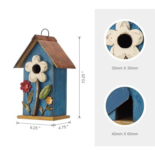 Glitzhome Hanging Bird House for Outdoor, 10.2" H Decorative Birdhouse Pet Cottage Distressed Wooden Bluebird House with 3D Flowers for Outdoor Patio Garden, Washed Blue - color: 10.2"H Flower Washed Blue