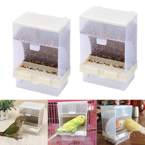 PINVNBY 2 PCS No Mess Bird Feeder, Automatic Bird Feeder for Cage, Seed Food Container Cage Accessories for Parrot Budgerigar Canary Cockatiel Finch Parakeet Green Cheek Conures Parrotlets Lovebirds