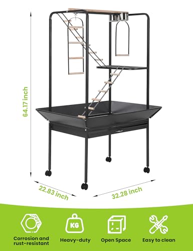 Garvee 64'' H Inch Birdcage Stand Play Center with Perches and Ladders | Indoor Outdoor Playground for Birds, Bird Playstand w/Rotated Ring Removable Tray, Lockable Caster, for Macaw and Parakeet - size: 64'' H