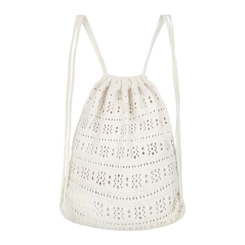 Lobagve Handmade Crochet Cotton Drawstring Backpack Boho Purse Leisure Daypack - color: Hollow Out-white
