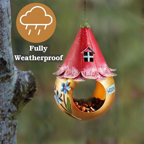 Solar Bird Feeder - Light Up Hanging Bird Feeders - Cute Fairy Design Rustproof Metal - Outside Unusual Metal Art with LED Light - Gift Boxed