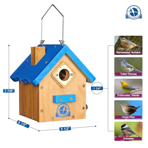 SISTERBIRD Wren Bird House for Outside, Premium Wooden Wren Bird Houses, Hanging Chickadee Bird House, Weatherproof Garden Decor Birdhouses for Outdoors, Blue Color Roof Bird Nesting Titmouse - color: Blue Roof with Log Color