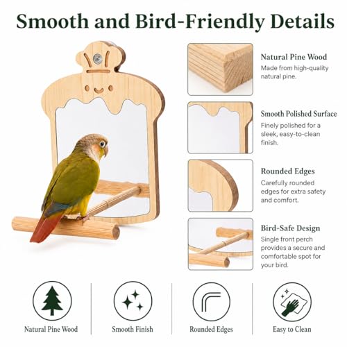 Bird Mirror with Perch, Wooden Bird Cage Mirror Toy, Natural Pine Parrot Perch Accessory for Conures, Budgies, Parakeets, Cockatiels, Lovebirds and Small to Medium Birds