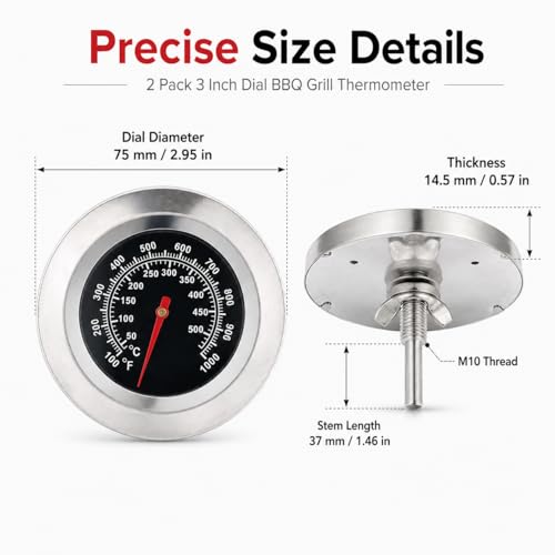 2 Pack 3 Inch Dial BBQ Grill Thermometer, M10 Thread Stainless Steel Temp Gauge -100°F to 1000°F(50°C-500°C), Lid Mount Temperature Indicator for Charcoal Smoker, Barbecue Pit & Outdoor Cooking Grills