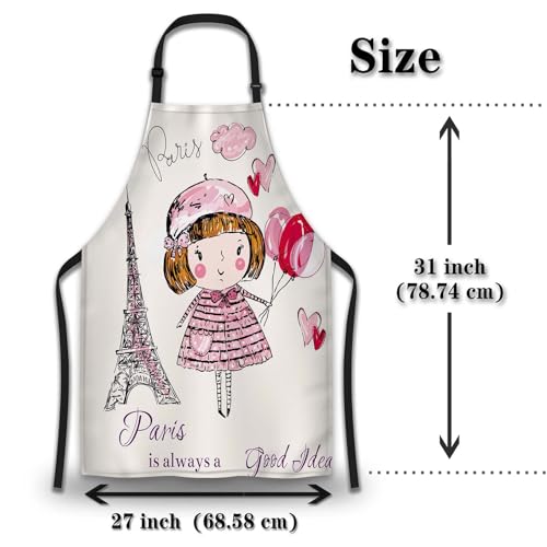 Mom Apron for Women Eiffel Tower, Little Girl in Paris Mans Aprons for Kitchen Cooking Restaurant BBQ Painting Crafting Gardening 27” (W) x 31” (H), Waterproof Apron - color: Eiffel Tower