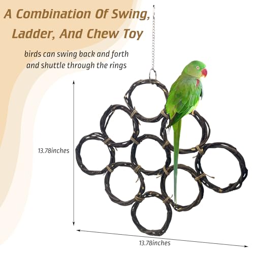BNOSDM Bird Swing Rings Toy Natural Wood Parrot Climbing Ladder Parakeet Chewing Toys Hanging Budgie Cage Accessories for Green Cheek Conure Cockatiel Lovebird (9 Rings)