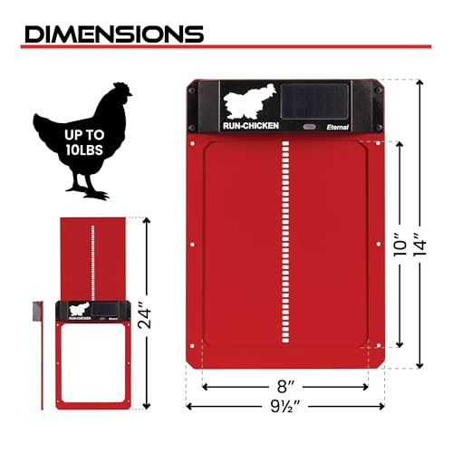 RUN-CHICKEN Door Eternal – Solar Automatic Chicken Coop Door with Built-in Solar Power & Battery Backup, Smart App & Timer Control, Weatherproof Aluminum, Predator-Proof, Easy to Install (Red)