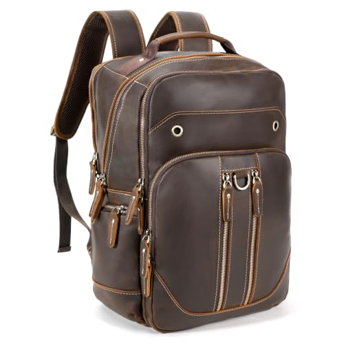 Full Grain Leather 16" Laptop Business Travel Backpack for Men, Brown | Crazy Horse Leather, YKK Metal Zippers, 5 Compartments, Ergonomic S-Straps, Large Capacity, Trolley Sleeve - color: Brown