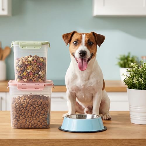 Patelai 6 Pcs Dog and Cat Food Storage Containers with Scoops Set Plastic Pet Food Storage Containers Stackable Airtight Dry for Kitchen 1.27, 2.4, 4 Qt (Pink,Blue,Green) - color: Pink,Blue,Green
