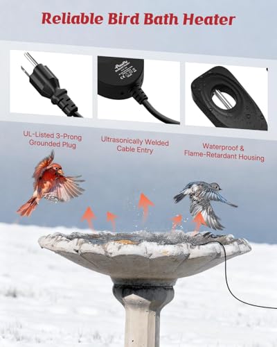 Pawfly 50 W Bird Bath Heater for Outdoors, Birdbath Heater with Thermostat | IPX8 Waterproof Submersible Bird Bath Deicer, Chicken Water Heater, Winter Water Heater for Livestock Wildlife