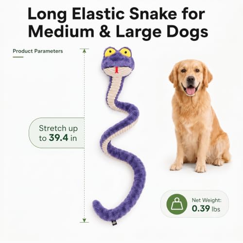 Squeaky Dog Plush Chew Toy, Interactive Tug Squeaky Toy for Chewers, Medium & Large Dogs & Fetch Play, 39.4 in Stuffed Silly Snake Toy with Elastic Stretchable Body for Gentle Gum Care&Boredom Relief - color: Purple (Silly Snake)