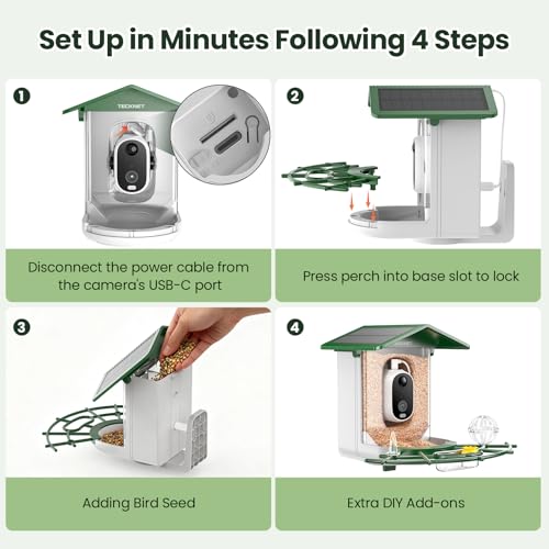 TECKNET Smart Bird Feeder with Camera, 2K UHD Video, AI Bird Species Identification, Instant Arrival Alerts, Solar Powered, Waterproof Birdhouse Camera, Gift for BirdLovers, Family, Green