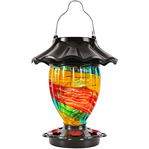 LUJII Solar Hummingbird Feeder for Outside, Color Changing, Hand Blown Glass, 32 fl.oz Never Leak, Waterproof & Rustproof, Lighted Lantern for Patio Decor, Unique Gift for Bird Lover (Ribbon) - color: Ribbon