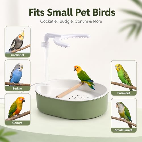 Automatic Bird Bath Shower, Adjustable Shower for Pet Birds | 12.44" x 9.8", Wooden Perch, Portable, for Cockatiel Budgie Conure Indoor Cage