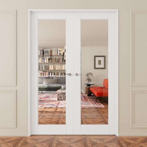 48x80 Interior French Door,1-Lite Clear Glass Doors,Living Room Doors | Satin Nickel Hardware-Privacy Door Lever w/ Lock, Latch&Hinges, Solid Core,Tempered Glass,No PreDrill,Jamb Assembly Required - color: Full Lite, Silver Hinges, size: 48x80 for 50x82 o