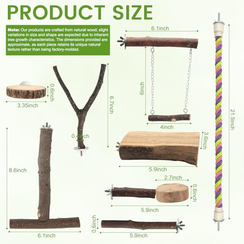 8 Pcs Natural Wood Bird Perch Swing & Bird Rope Platform Set | Fits Small/Medium Parrots (Budgies, Conures) | Multi-Level Cage Gym for Climbing | Safe Chewing | Tool-Free Mount - size: Swing & Rope Set - 8PCS