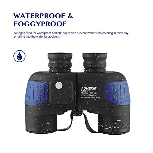 AOMEKIE 7x50 Waterproof Marine Binoculars for Adults with Rangefinder Compass BAK4 Prism FMC Lens for Birdwatching Hunting Boating Fishing Water Sports(Blue) - color: Blue