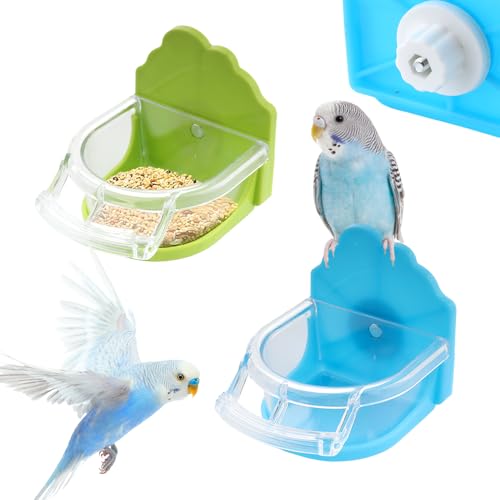 2 Pack Bird Detachable Bowl Plastic Food Cup Convenient Hanging Feeder for Small Bird Cockatiel Lovebird Canary Finch Parakeet Budgie (Green and Blue)