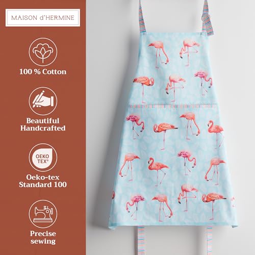 Maison d' Hermine Aprons for women with Pocket 100% Cotton (27.50"x31.50") | Adjustable Neck Strap & long ties Apron Men Chef Wedding Cooking Gardening Server Maid - color: 040 - Flamingo Love