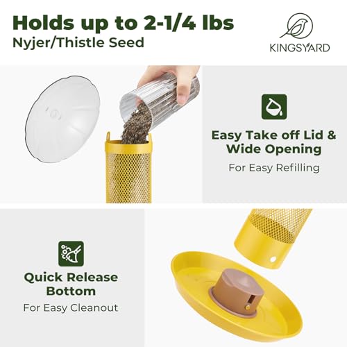 Kingsyard Finch Thistle & Nyjer Bird Feeder for Outdoors Hanging | 9.5" Rustproof Metal Removable Tray, 11.5" Weatherproof Dome, 2.5 lb Seed Capacity, Garden & Backyard Birding Gift, Yellow - color: Yellow