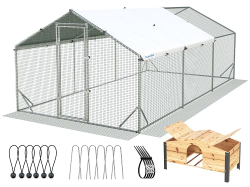 Quictent Advanced 18x9 ft Metal Chicken Coop Run with Wooden Nesting Box | Large Walk-in Outdoor Poultry Cage Heavy Duty Predator Proof Hen Duck Rabbit Farm Pen House, Waterproof Anti-UV Cover - color: Beige, size: 18x9 ft