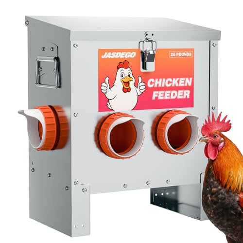 4 Port Automatic Chicken Feeder, No Waste Poultry Feeder with Lid | 25 LBS Large Gravity, Weatherproof Lid, Locking Latch, Convenient Handle, Heavy Duty Automatic Metal Chicken Feeder