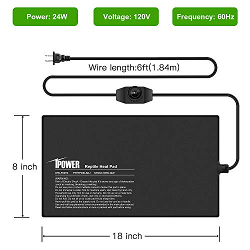 iPower 8 by 18-Inch 24 Watts Reptile Heating Mat with Temperature Controller Under Tank Warmer Terrarium Heat Pad for Reptiles and Amphibians, Black - size: 8 X 18 Inch, style: Heat Pad with Adjust Knob