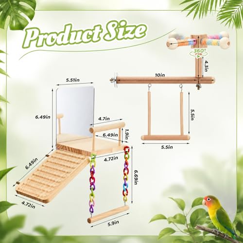 2 Pcs Bird Parakeet Toys, Bird Perch Platform Swing Mirror Ladder with 360° Spin Function, Hanging Parakeet Swing Birds Cage Accessories Toys for Cockatiel Lovebird Parrot
